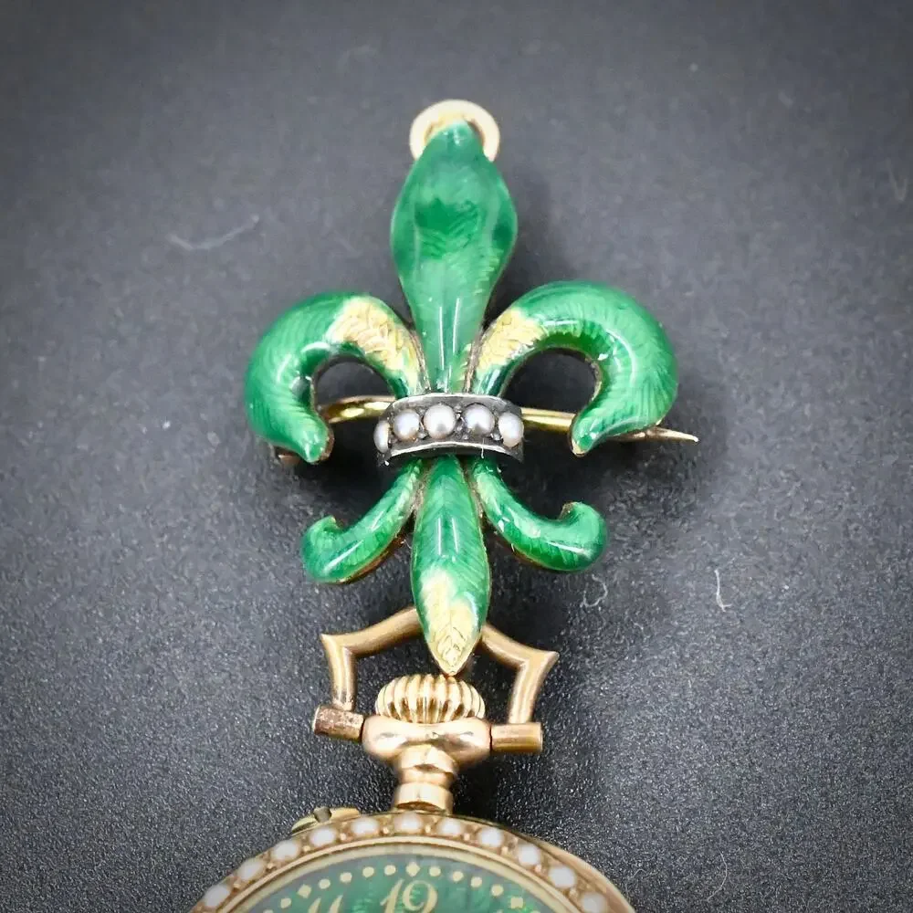 Antique 14K Gold Green Guilloche Enamel Ladies Pendant Watch & Pin Set - NW